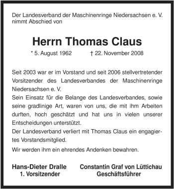 Traueranzeige von Thomas Claus von ALLGEMEINE ZEITUNG UELZEN