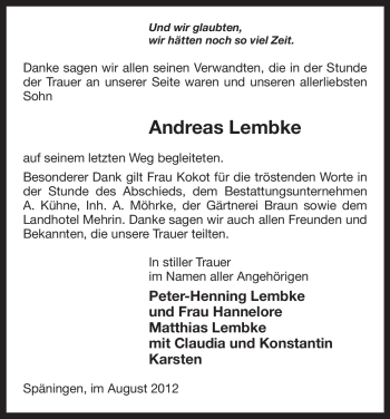 Traueranzeige von Andreas Lembke von ALLGEMEINE ZEITUNG UELZEN