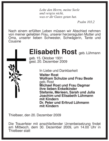 Traueranzeige von Elisabeth Rost von ALLGEMEINE ZEITUNG UELZEN