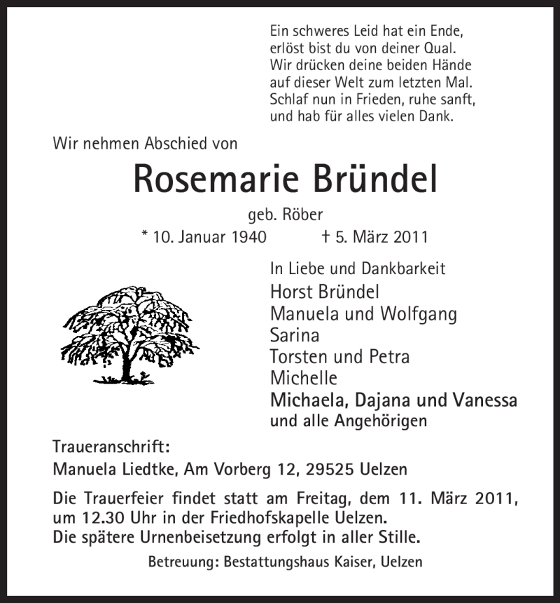  Traueranzeige für Rosemarie Bründel vom 09.03.2011 aus ALLGEMEINE ZEITUNG UELZEN