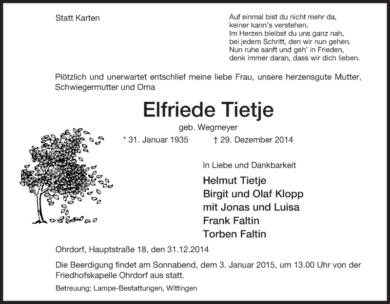  Traueranzeige für Elfriede Tietje vom 31.12.2014 aus Uelzen