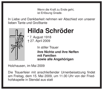 Traueranzeige von Hilda Schröder von ALLGEMEINE ZEITUNG UELZEN
