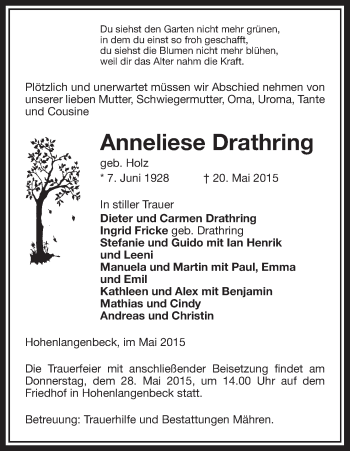 Traueranzeige von Anneliese Drathring von Uelzen