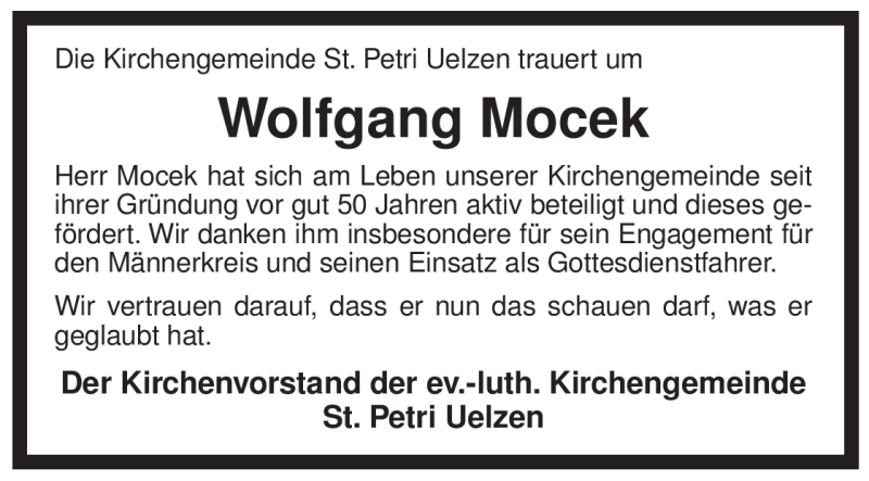  Traueranzeige für Wolfgang Mocek vom 29.04.2010 aus ALLGEMEINE ZEITUNG UELZEN