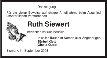 Traueranzeige von Ruth Siewert von ALLGEMEINE ZEITUNG UELZEN