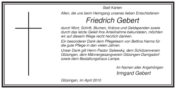 Traueranzeige von Friedrich Gebert von ALLGEMEINE ZEITUNG UELZEN