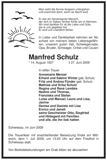 Traueranzeige von Manfred Schulz von ALLGEMEINE ZEITUNG UELZEN