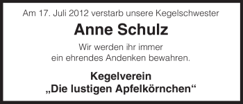 Traueranzeige von Anne Schulz von ALLGEMEINE ZEITUNG UELZEN