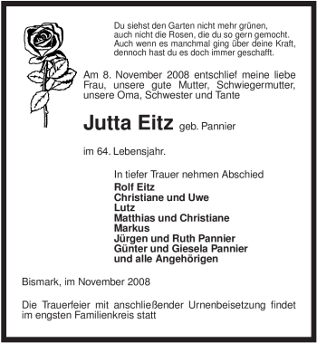 Traueranzeige von Jutta Eitz von ALLGEMEINE ZEITUNG UELZEN