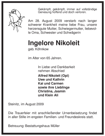 Traueranzeige von Ingelore Nikoleit von ALLGEMEINE ZEITUNG UELZEN