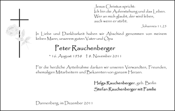 Traueranzeige von Peter Rauchenberger von ALLGEMEINE ZEITUNG UELZEN