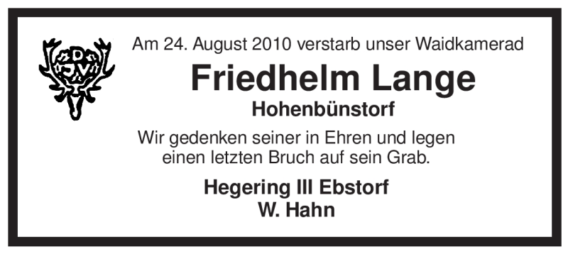  Traueranzeige für Friedhelm Lange vom 02.09.2010 aus ALLGEMEINE ZEITUNG UELZEN