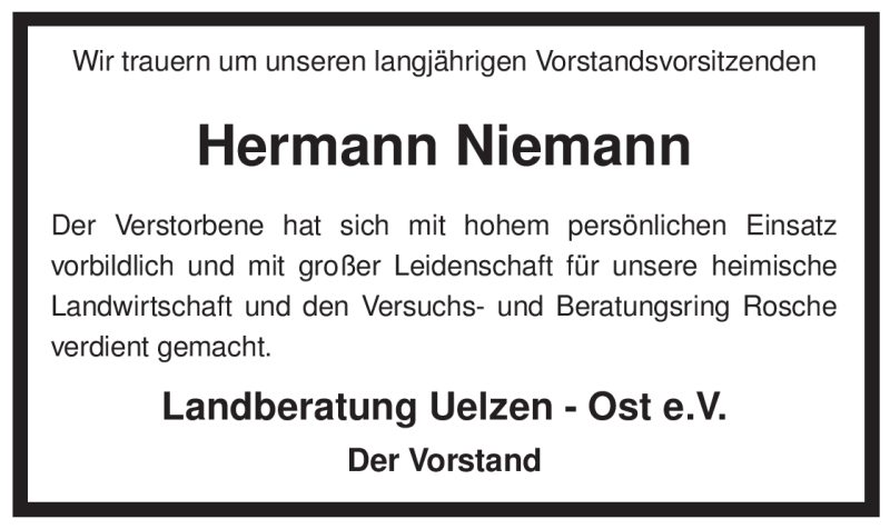  Traueranzeige für Hermann Niemann vom 30.07.2010 aus ALLGEMEINE ZEITUNG UELZEN