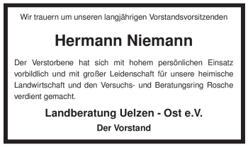 Traueranzeige von Hermann Niemann von ALLGEMEINE ZEITUNG UELZEN