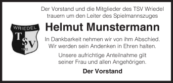 Traueranzeige von Helmut Munstermann von ALLGEMEINE ZEITUNG UELZEN