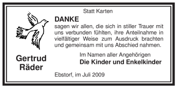 Traueranzeige von Getrud Räder von ALLGEMEINE ZEITUNG UELZEN
