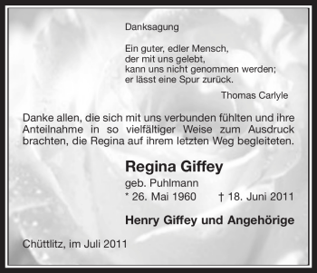 Traueranzeige von Regina Giffey von ALLGEMEINE ZEITUNG UELZEN