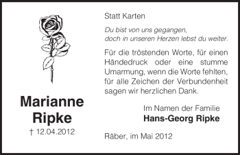 Traueranzeige von Marianne Ripke von ALLGEMEINE ZEITUNG UELZEN