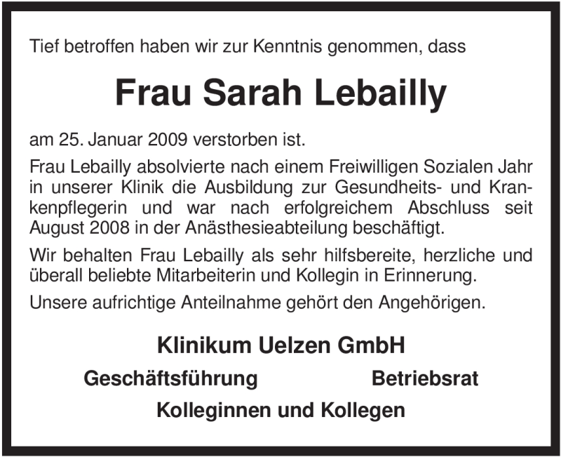  Traueranzeige für Sarah Lebailly vom 29.01.2009 aus ALLGEMEINE ZEITUNG UELZEN