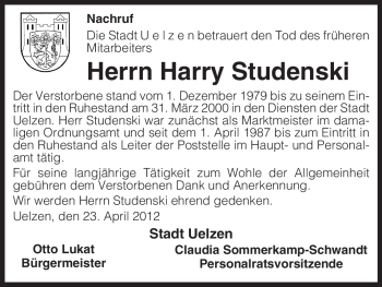 Traueranzeige von Harry Studenski von ALLGEMEINE ZEITUNG UELZEN