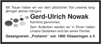 Traueranzeige von Gerd-Ulrich Nowak von ALLGEMEINE ZEITUNG UELZEN