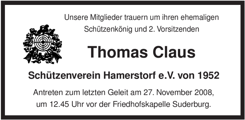  Traueranzeige für Thomas Claus vom 25.11.2008 aus ALLGEMEINE ZEITUNG UELZEN