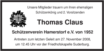 Traueranzeige von Thomas Claus von ALLGEMEINE ZEITUNG UELZEN