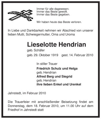 Traueranzeige von Lieselotte Hedrian von ALLGEMEINE ZEITUNG UELZEN