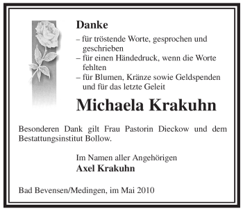 Traueranzeige von Michaela Krakuhn von ALLGEMEINE ZEITUNG UELZEN