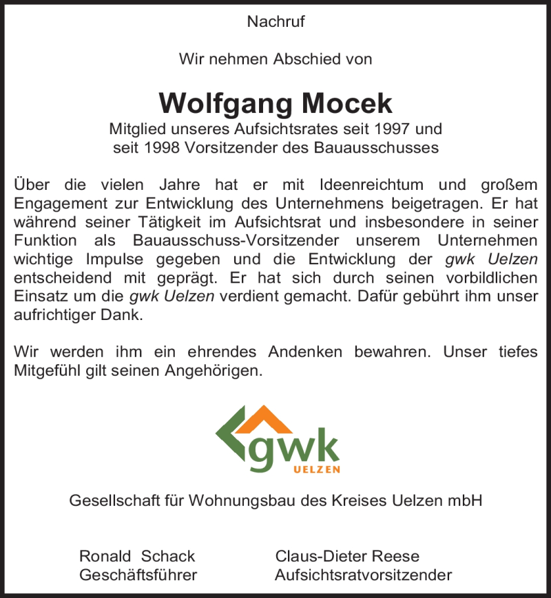  Traueranzeige für Wolfgang Mocek vom 29.04.2010 aus ALLGEMEINE ZEITUNG UELZEN