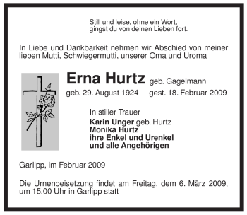 Traueranzeige von Erna Hurtz von ALLGEMEINE ZEITUNG UELZEN