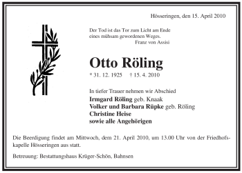 Traueranzeige von Otto Röling von ALLGEMEINE ZEITUNG UELZEN