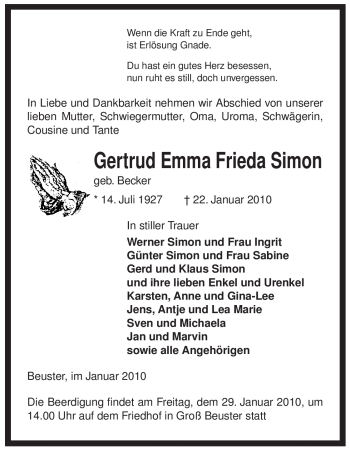 Traueranzeige von Gertrud Emma Frieda Simon von ALLGEMEINE ZEITUNG UELZEN