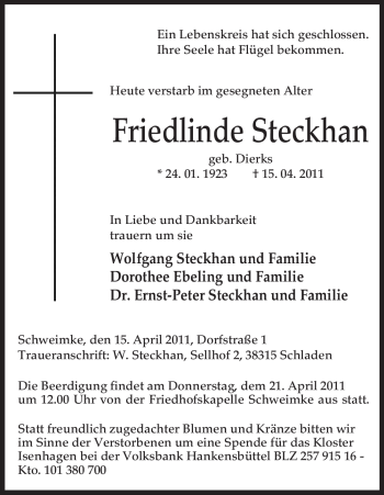 Traueranzeige von Friedlinde Steckhan von ALLGEMEINE ZEITUNG UELZEN