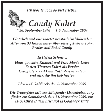 Traueranzeige von Candy Kuhrt von ALLGEMEINE ZEITUNG UELZEN