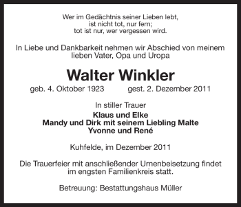 Traueranzeige von Walter Winkler von ALLGEMEINE ZEITUNG UELZEN