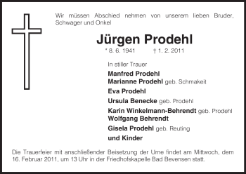 Traueranzeige von Jürgen Prodehl von ALLGEMEINE ZEITUNG UELZEN