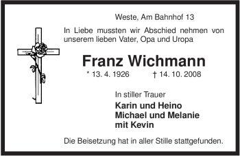 Traueranzeige von Franz Wichmann von ALLGEMEINE ZEITUNG UELZEN