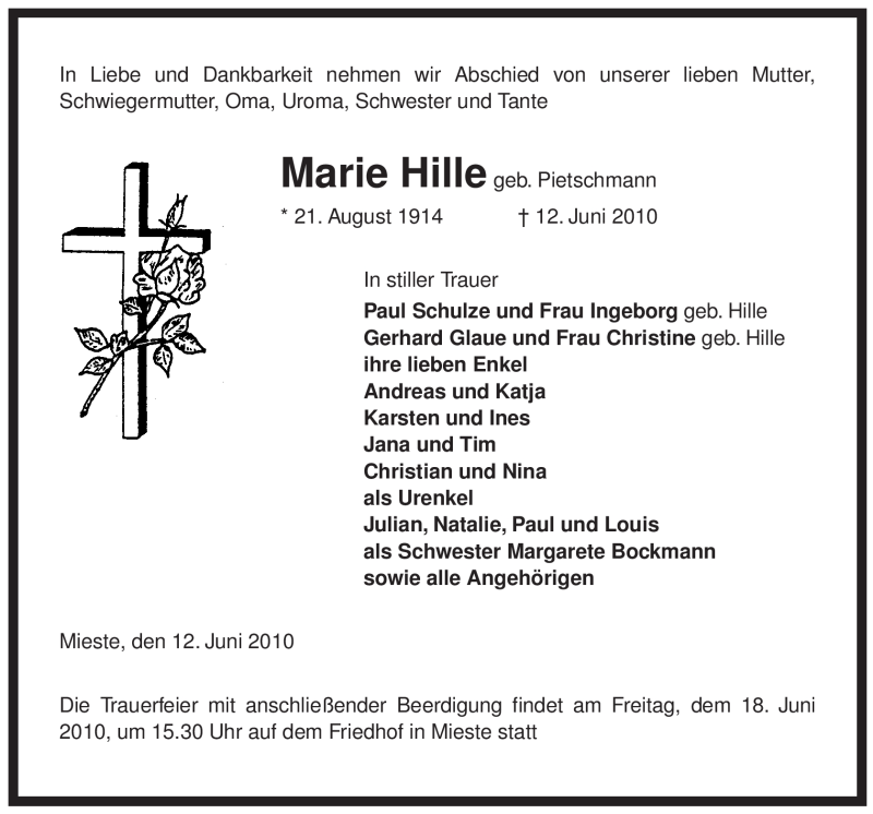  Traueranzeige für Marie Hille vom 15.06.2010 aus ALLGEMEINE ZEITUNG UELZEN