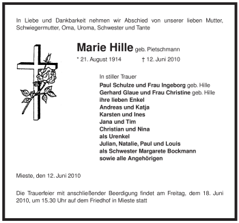 Traueranzeige von Marie Hille von ALLGEMEINE ZEITUNG UELZEN