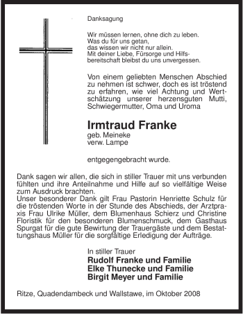 Traueranzeige von Irmtraud Franke von ALLGEMEINE ZEITUNG UELZEN