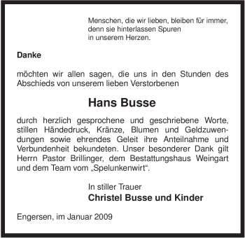 Traueranzeige von Hans Busse von ALLGEMEINE ZEITUNG UELZEN