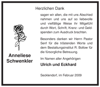 Traueranzeige von Anneliese Schwenkler von ALLGEMEINE ZEITUNG UELZEN