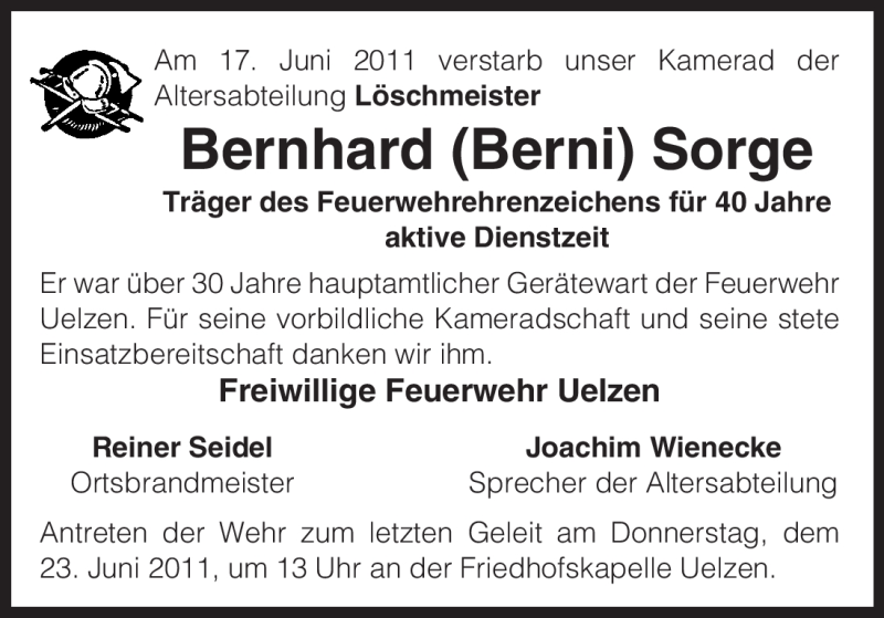  Traueranzeige für Bernhard Sorge vom 21.06.2011 aus ALLGEMEINE ZEITUNG UELZEN