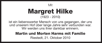 Traueranzeige von Margret Hilke von ALLGEMEINE ZEITUNG UELZEN