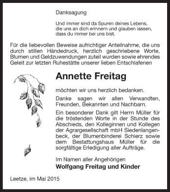 Traueranzeige von Annette Freitag von Uelzen