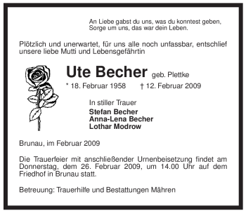 Traueranzeige von Ute Becher von ALLGEMEINE ZEITUNG UELZEN