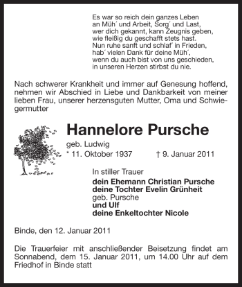 Traueranzeige von Hannelore Pursche von ALLGEMEINE ZEITUNG UELZEN