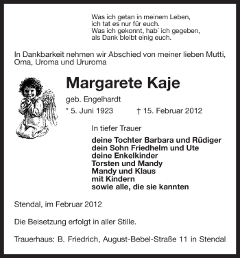 Traueranzeige von Margarete Kaje von ALLGEMEINE ZEITUNG UELZEN