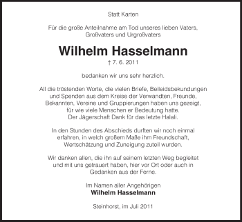 Traueranzeige von Wilhelm Hasselmann von ALLGEMEINE ZEITUNG UELZEN